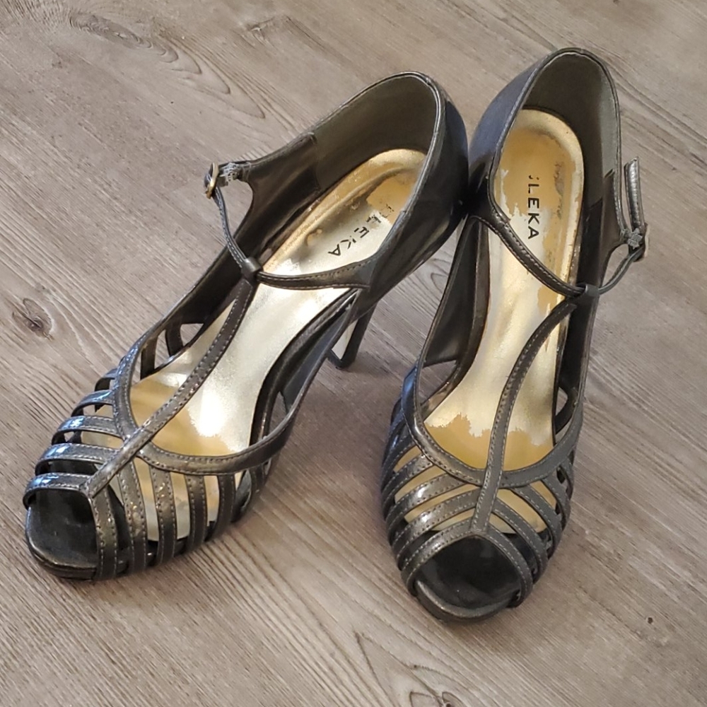 Bronzey peep toe strappy heels - Sz 9 - Picture 1 of 6